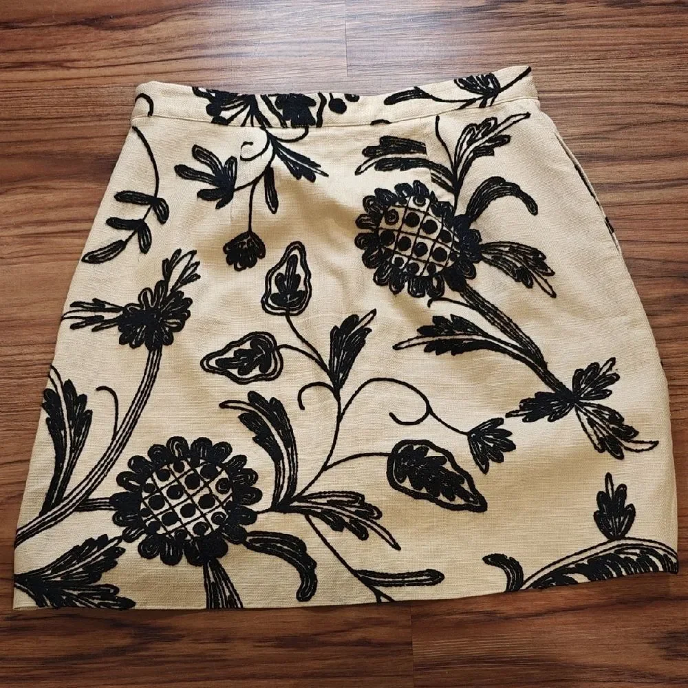 Anthropologie Cream A-Line Skirt with Black Floral Design
